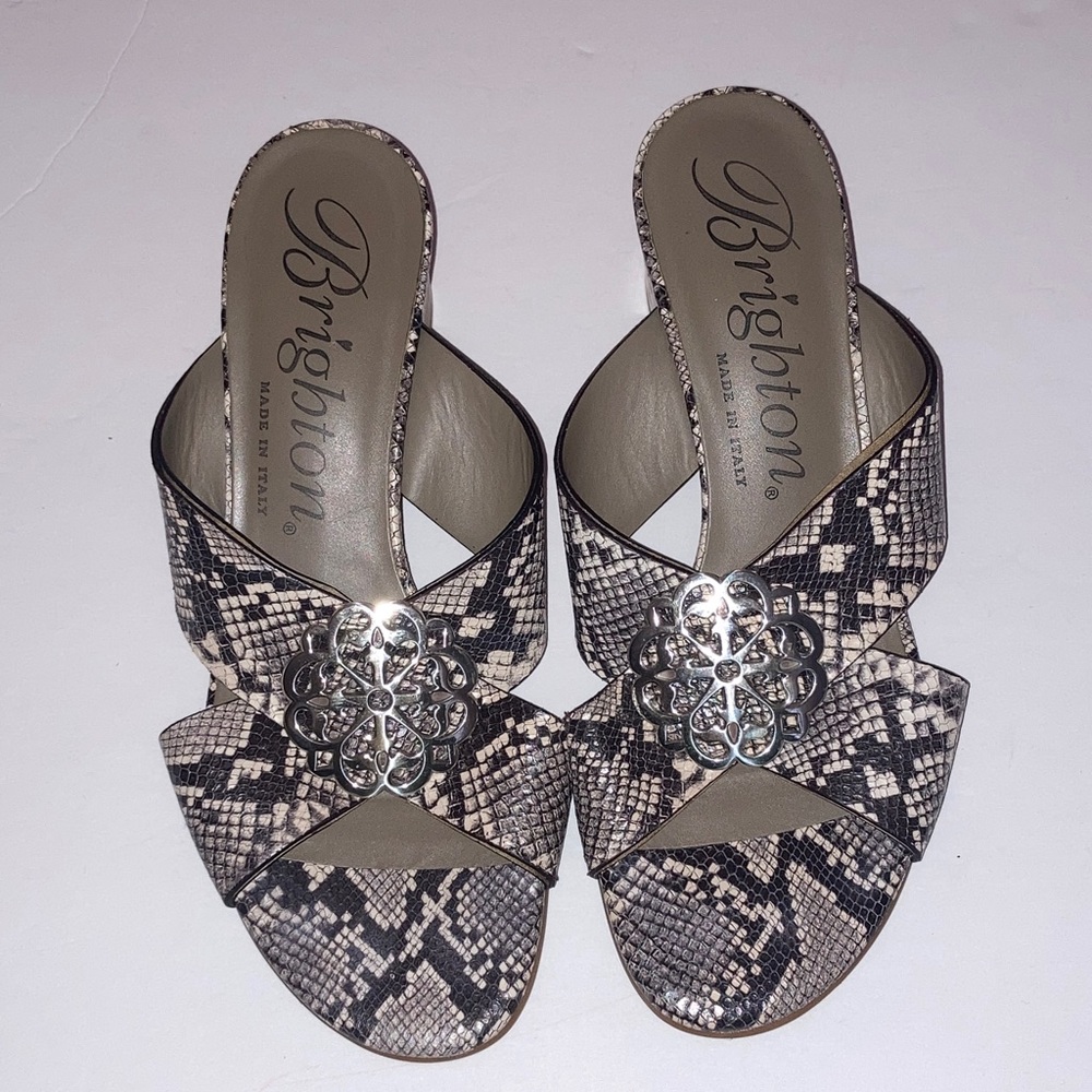 Brighton Women's Alison Snake-Print Slide Sandals Beige/Brown Size 7 Used